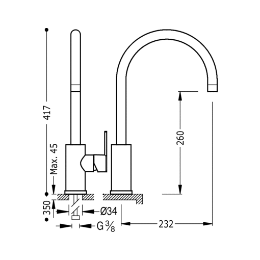 Grifo Monomando De Caño Curvo Fregadero Vertical LEX-TRES