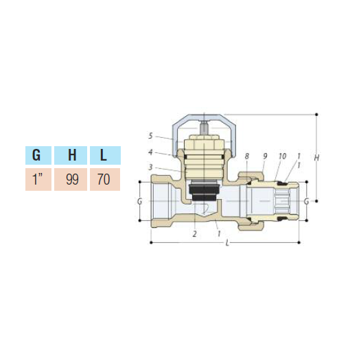 VÁLVULA TERMOSTATICA  RECTA 1"x1" HEMBRA