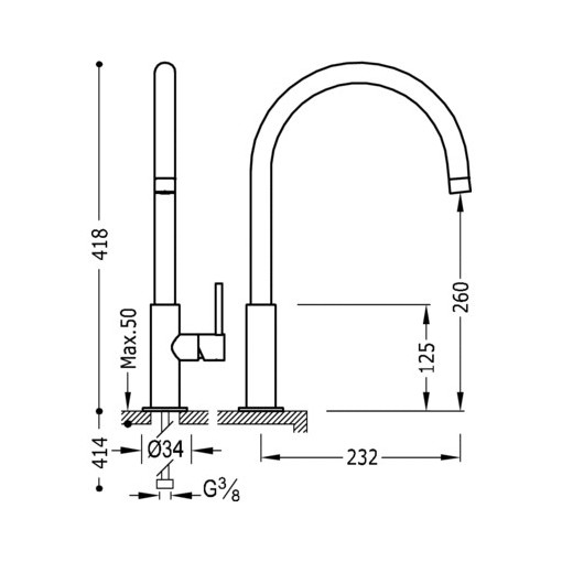 Grifo Monomando De Fregadero Vertical Caño Curvo Redondeado MAX  TRES