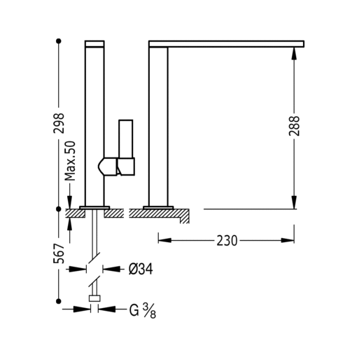 Monomando fregadero vertical CLASS caño de 34x9 mm. TRES