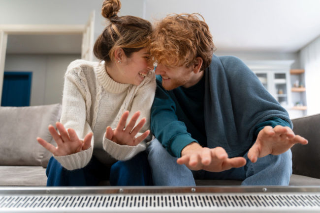 Pareja Calentandose Las Manos En El Radiador